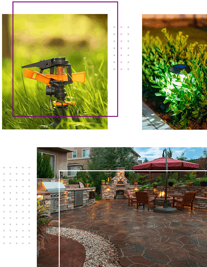 A collage of pictures with grass and fire pits.
